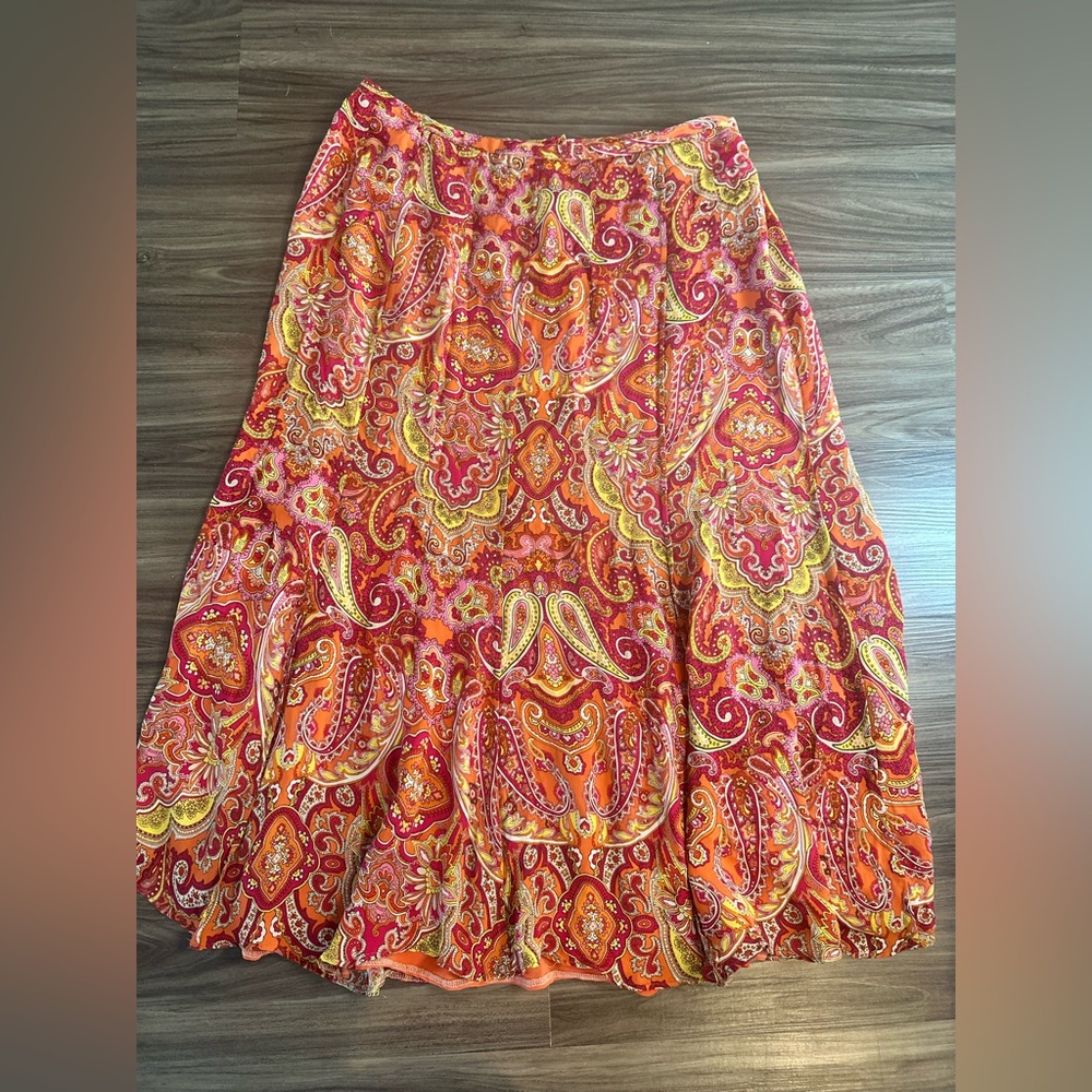 Talbots 100% Silk Paisley A-Line Skirt Orange Pink Yellow Size 14W
